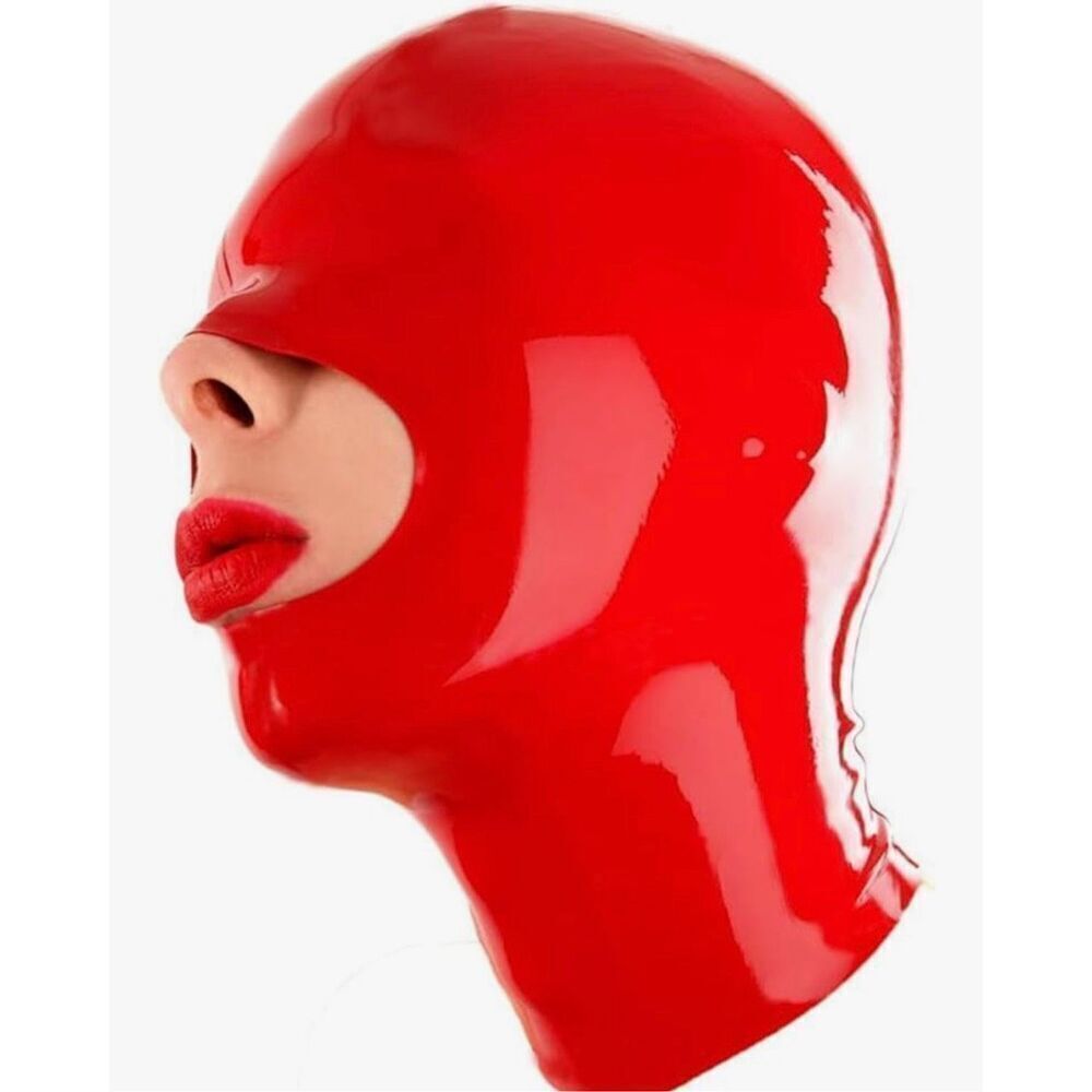 Latex hood open mouth face red size small BDSM fetish rear zipper euc